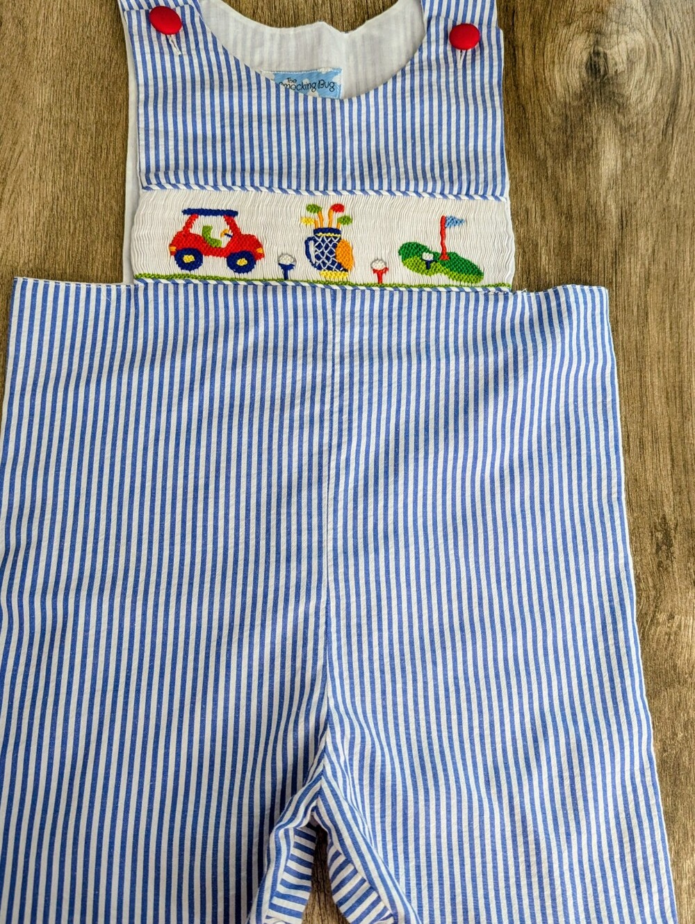 The Smocking Bug Boys Blue Seersucker Golf Smocked Romper- Size 4